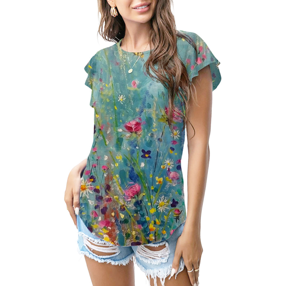 Kaos motif bunga liar cat air warna teal