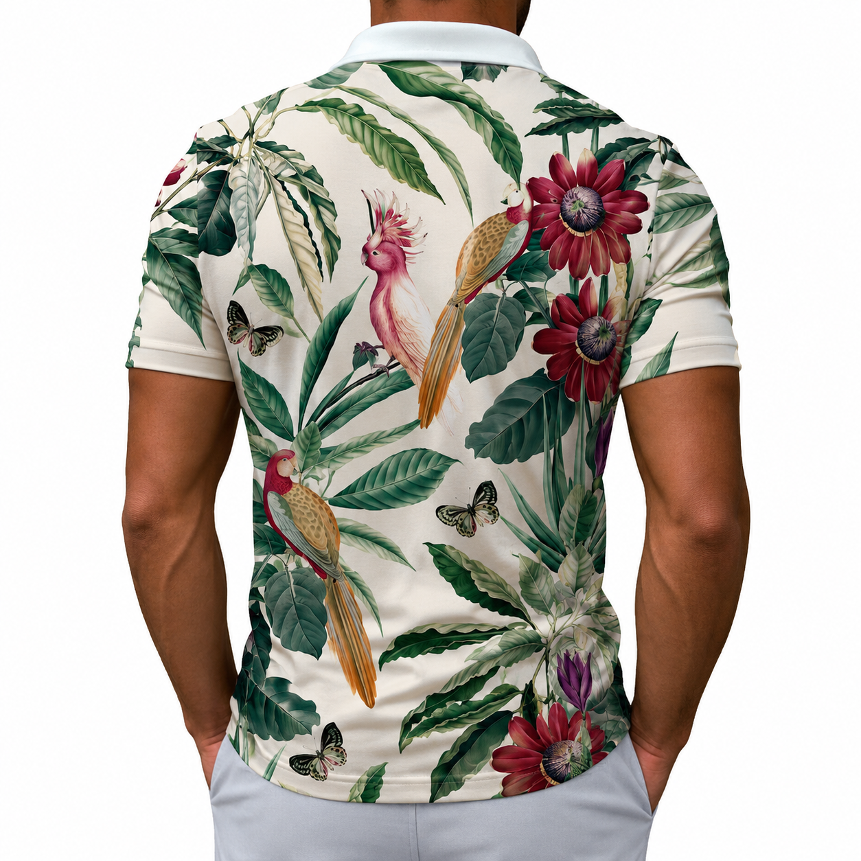 Cream Tropical Birds Polo Zipper T-shirts