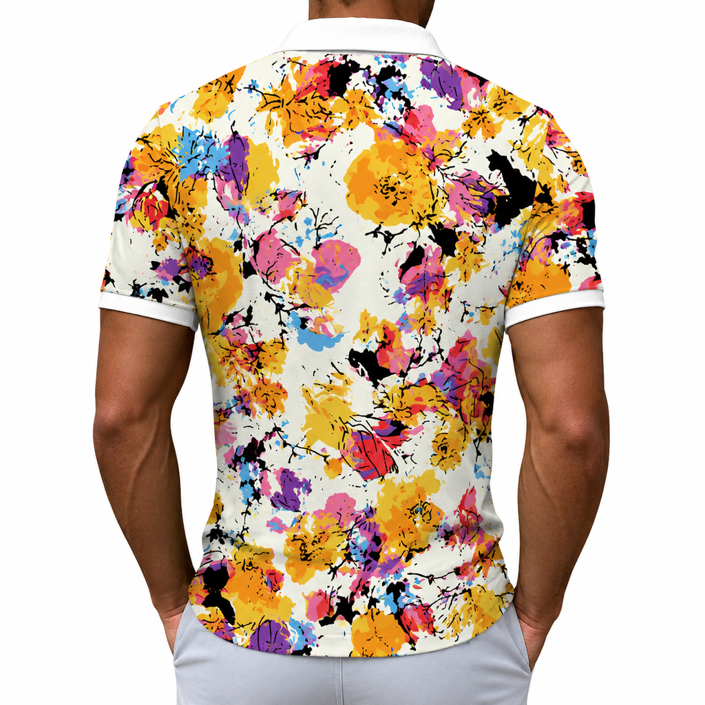 Abstract Floral Splash Polo Zipper T-shirts