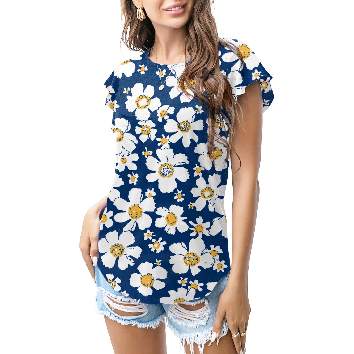 Navy blue floral T - shirt
