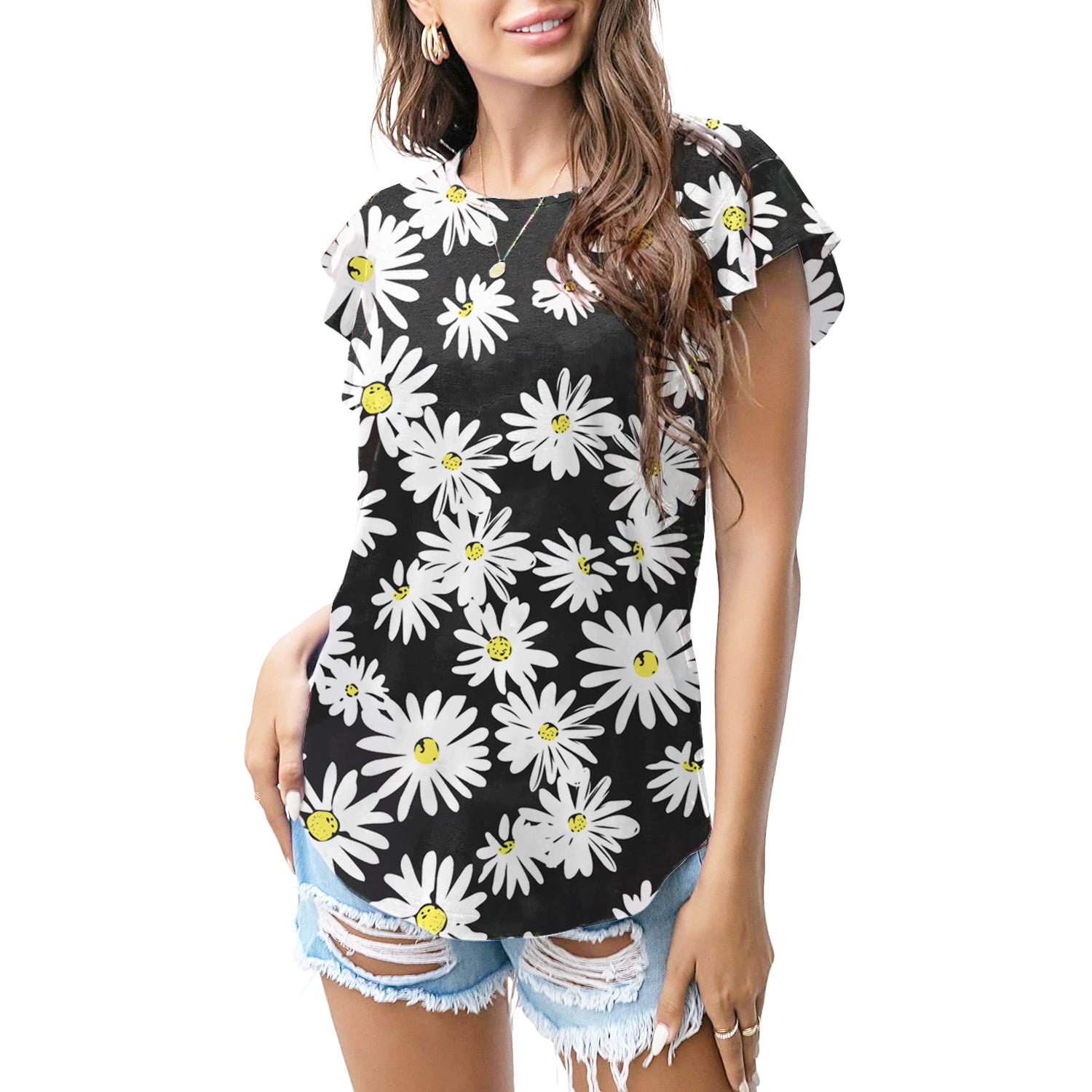 Black daisy floral T - shirt
