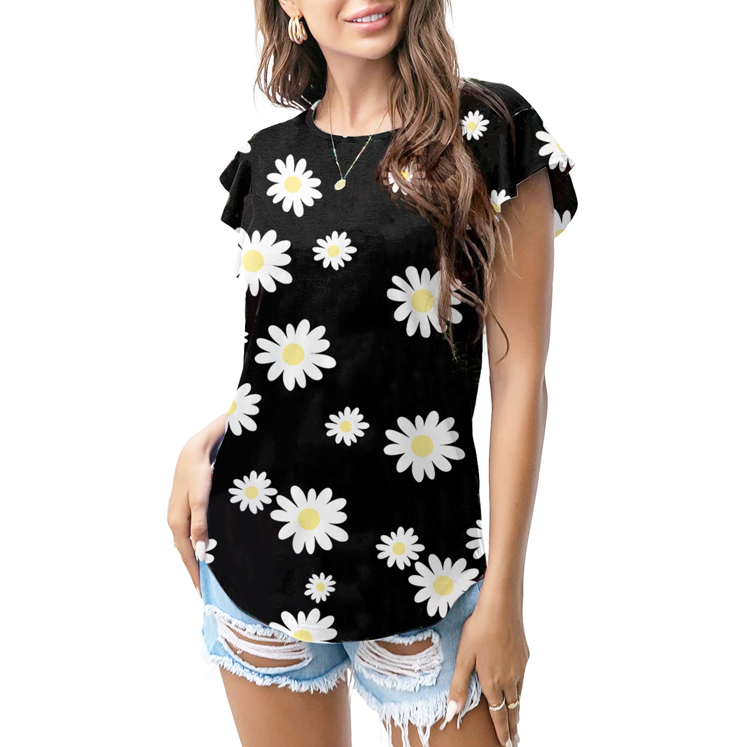 Black daisy print T - shirt