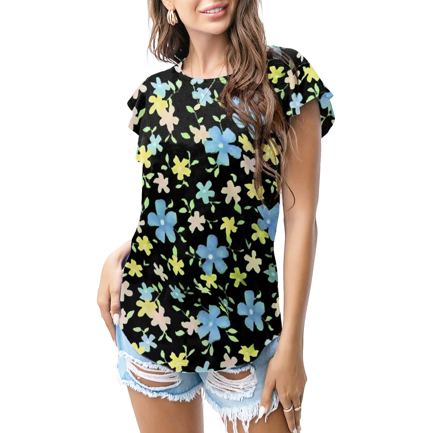 Black pastel floral T - shirt