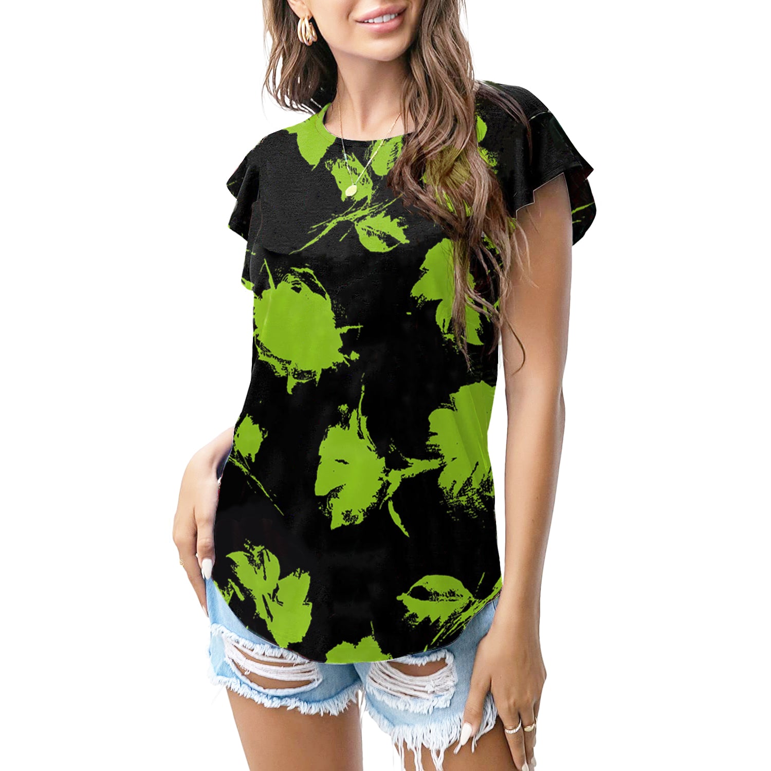 Black with neon-green florals T - shirt