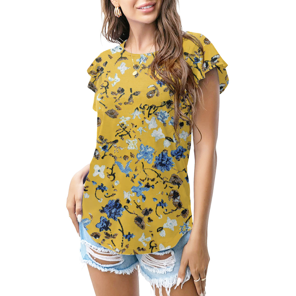Mustard blue floral print T - shirt