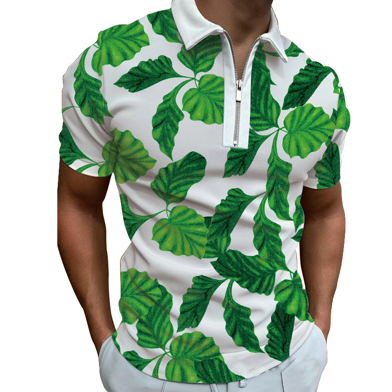 White Tropical Leaf Polo Zipper T-shirts