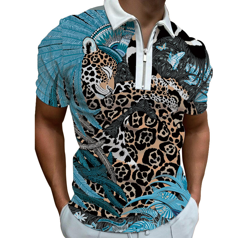 Blue Jungle Leopard Polo Zipper T-shirts