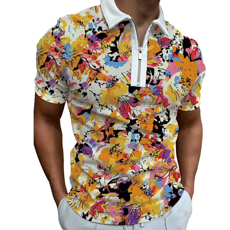 Abstract Floral Splash Polo Zipper T-shirts
