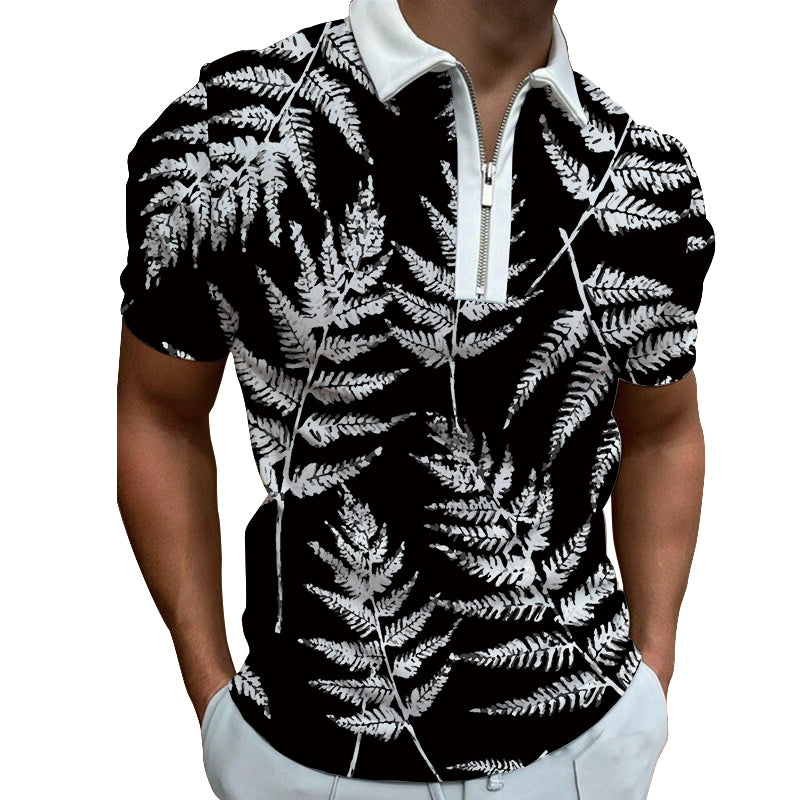 Black Fern Print Polo Zipper T-shirts