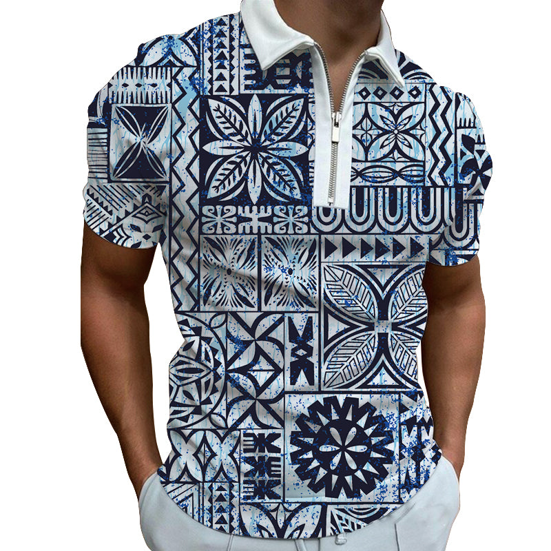 Blue Tribal Mosaic Polo Zipper T-shirts