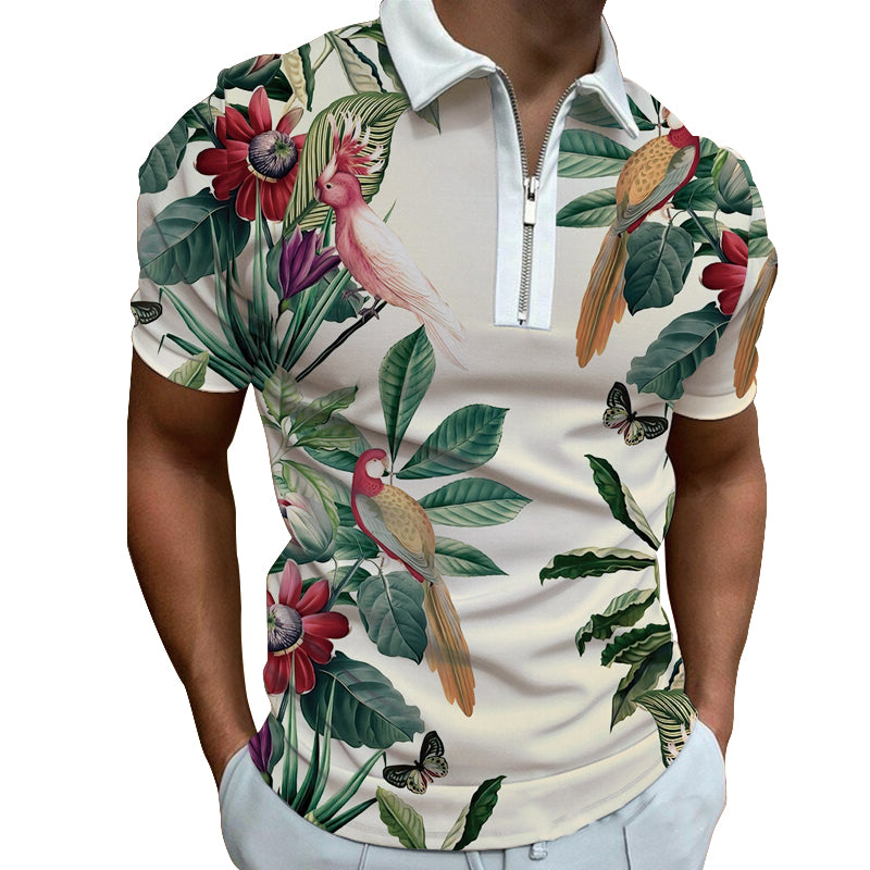 Cream Tropical Birds Polo Zipper T-shirts