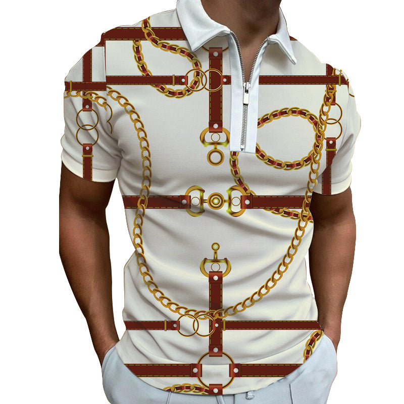 Ivory Gold Chain Polo Zipper T-shirts