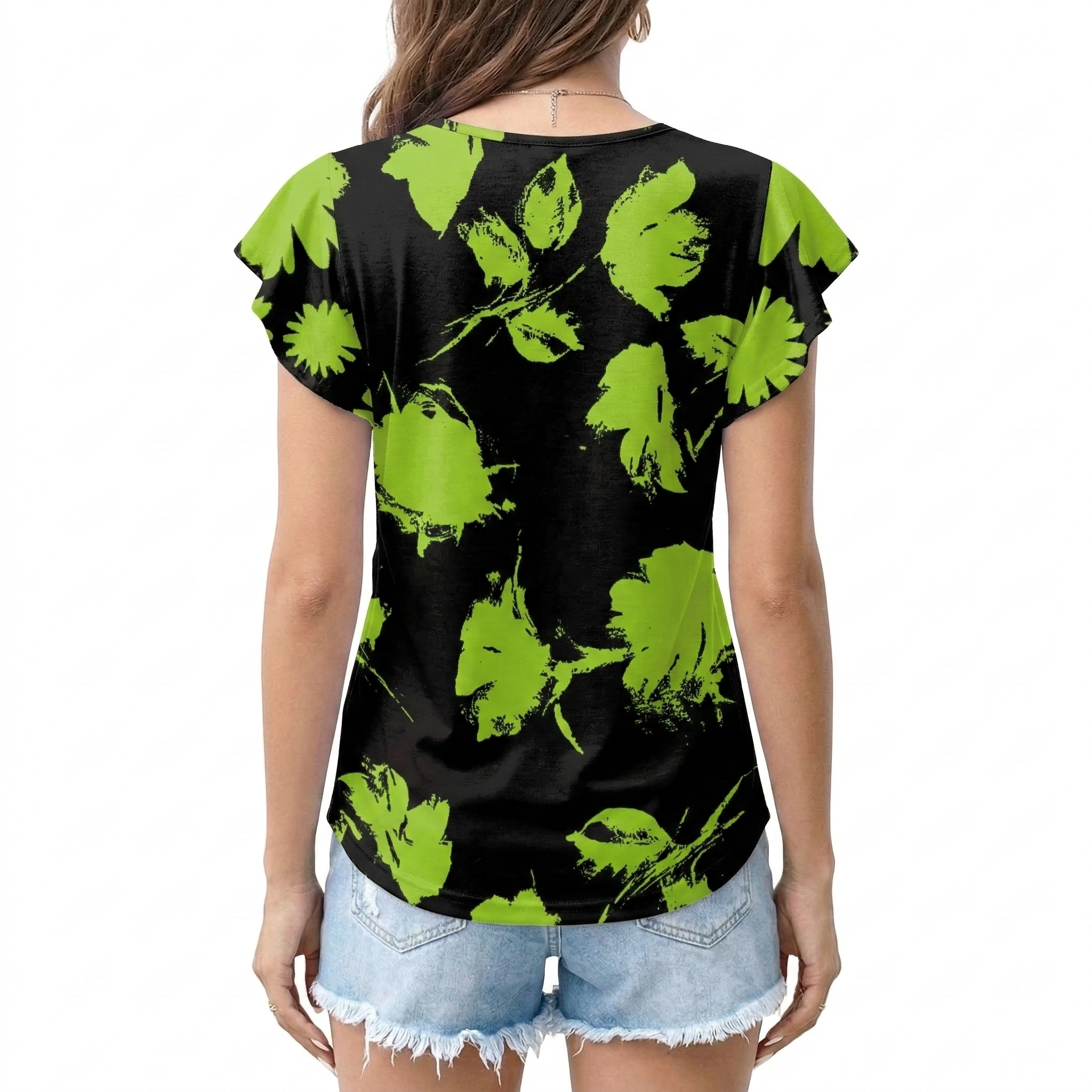 Black with neon-green florals T - shirt