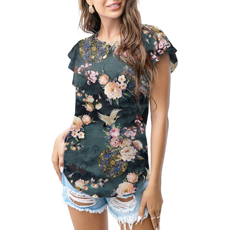 Dark oriental floral crane T - shirt