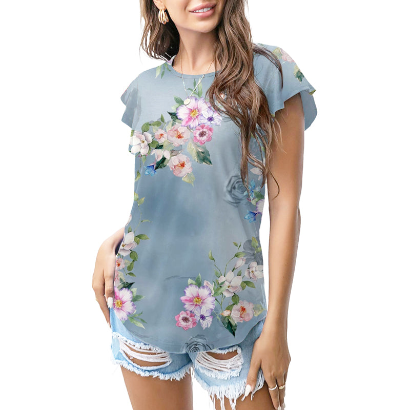 Dusty blue floral bloom T - shirt