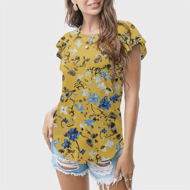 Mustard blue floral print T - shirt