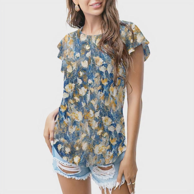 Blue rustic floral texture T - shirt