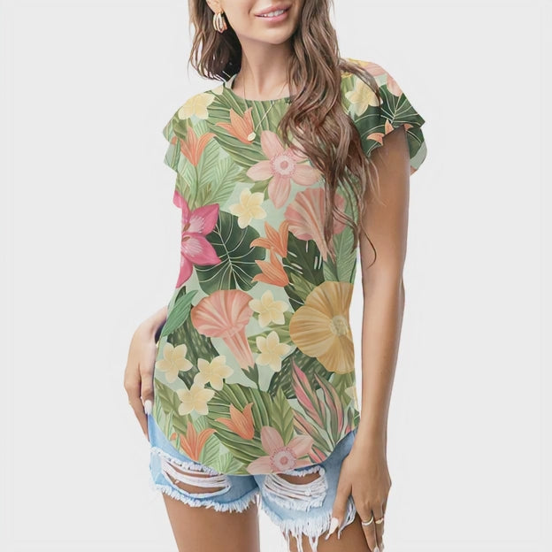 Green tropical floral T - shirt