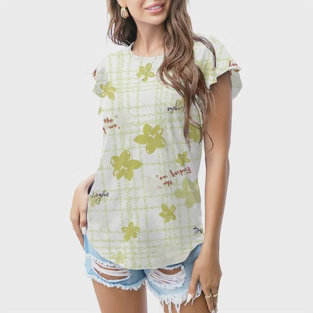 Light green floral grid T - shirt