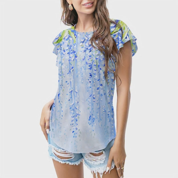 Soft blue floral drape T - shirt