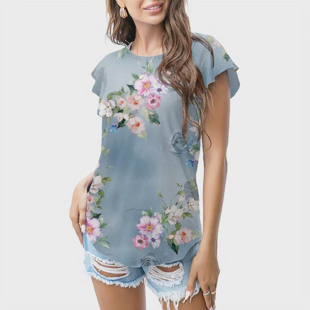 Dusty blue floral bloom T - shirt