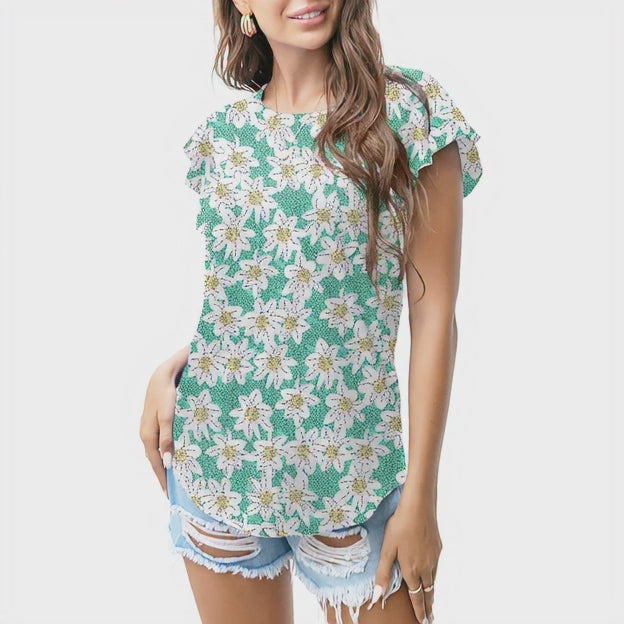 Green floral dotted pattern T - shirt