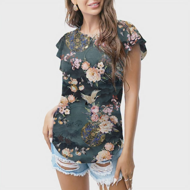 Dark oriental floral crane T - shirt