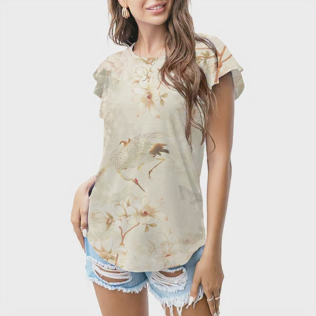 Beige crane floral T - shirt