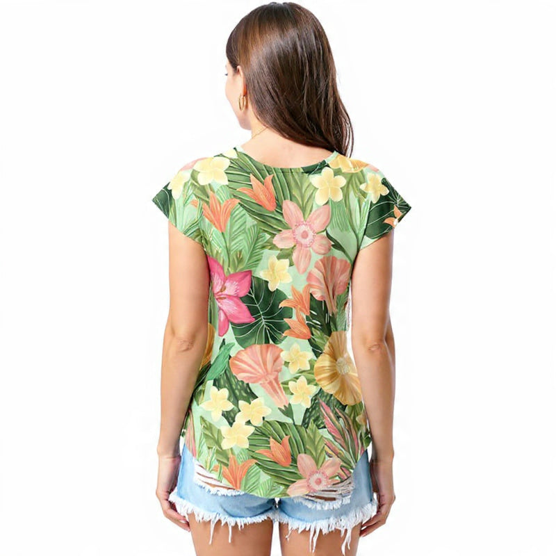 Green tropical floral T - shirt