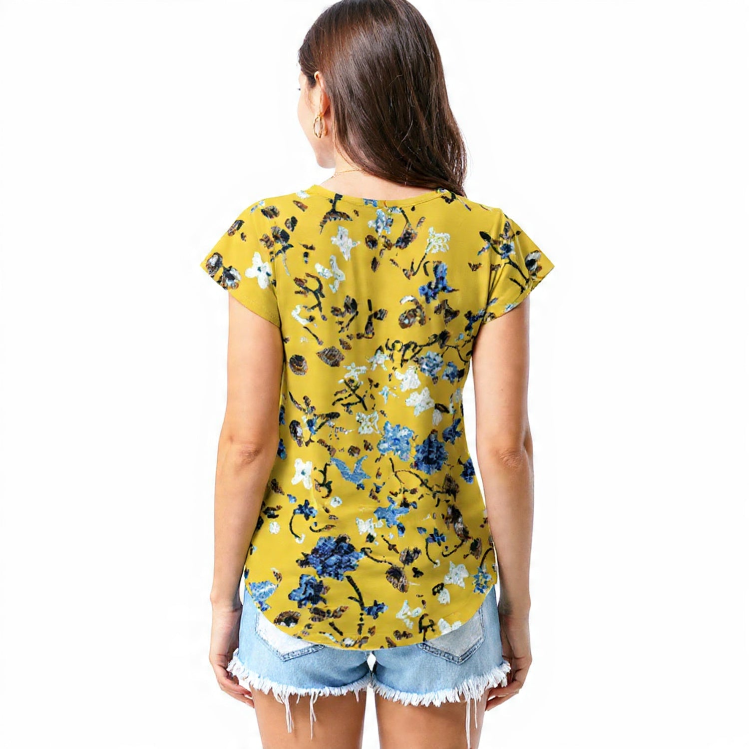 Mustard blue floral print T - shirt