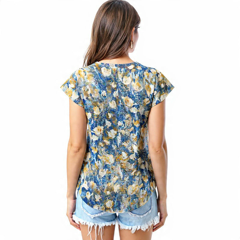 Blue rustic floral texture T - shirt