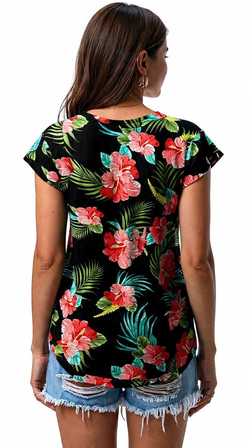 Black tropical hibiscus T - shirt