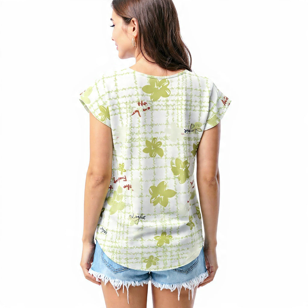 Light green floral grid T - shirt
