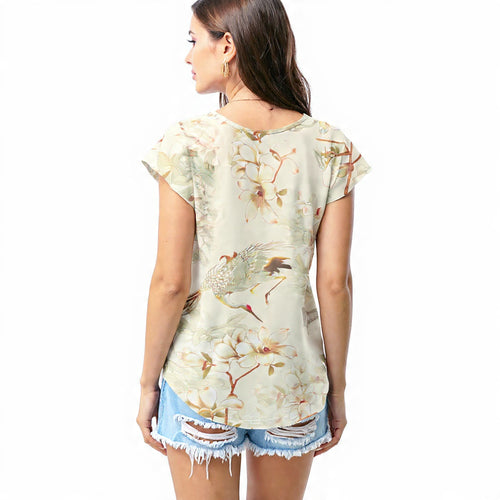 Beige crane floral T - shirt