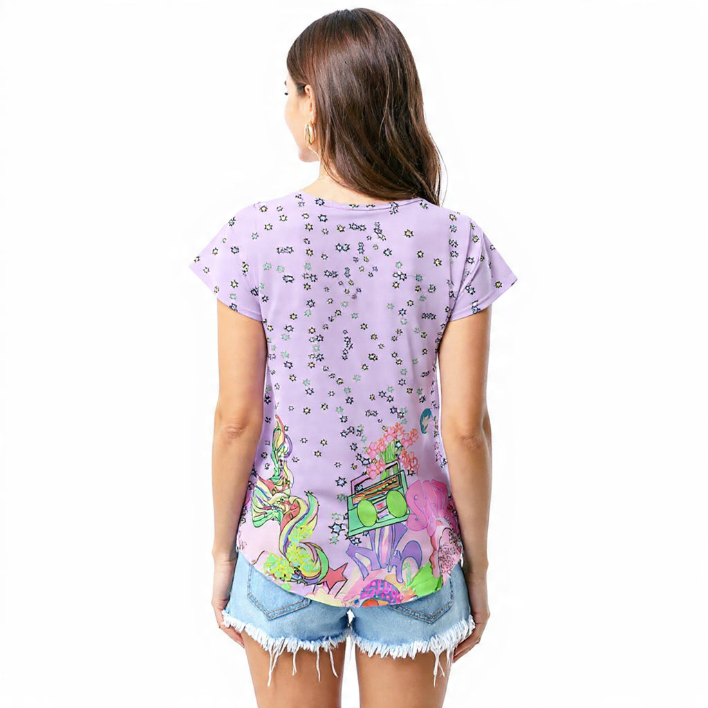 Lilac retro doodle print T - shirt