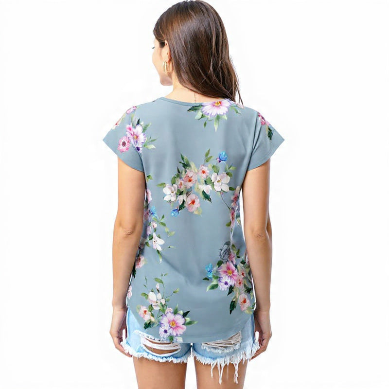 Dusty blue floral bloom T - shirt