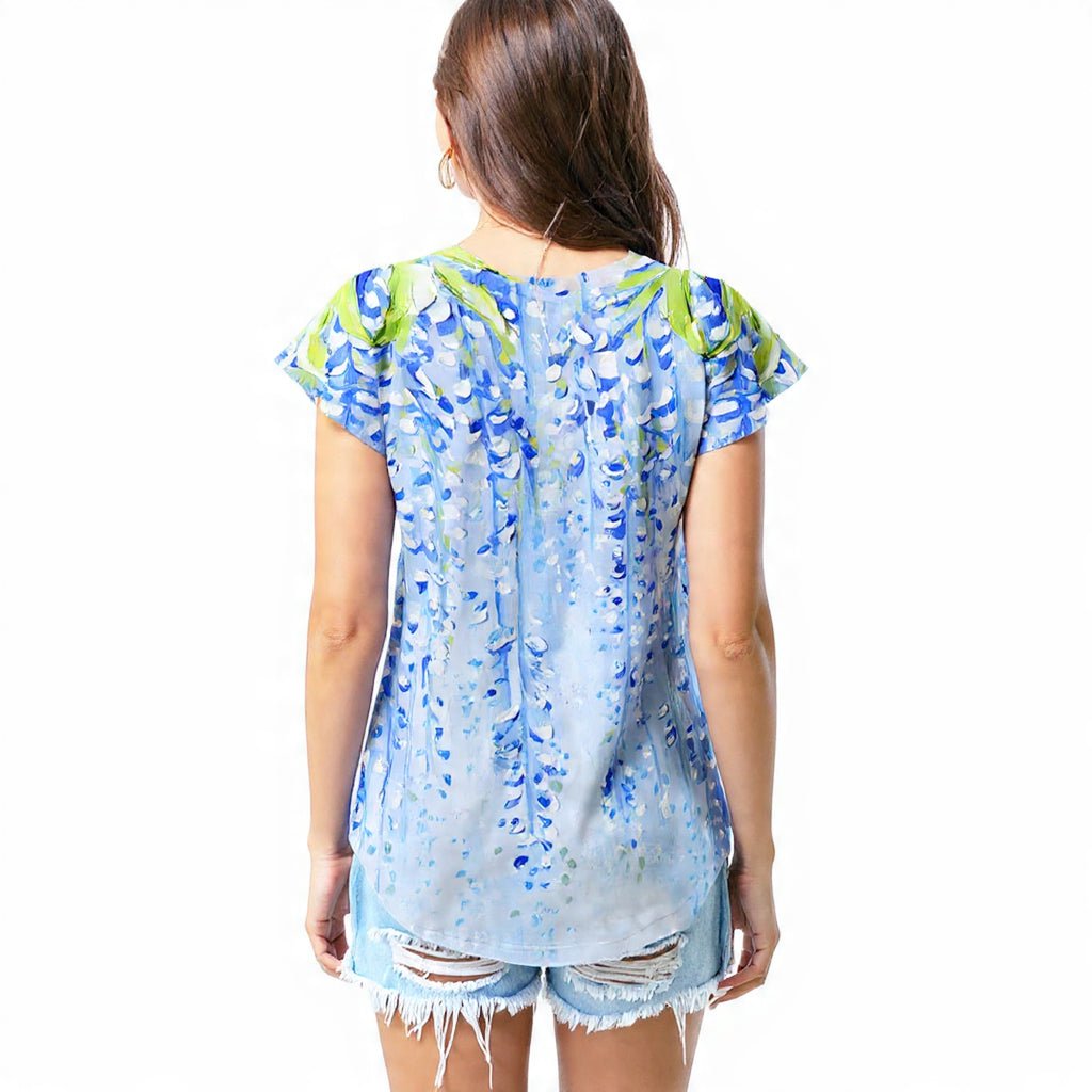Soft blue floral drape T - shirt