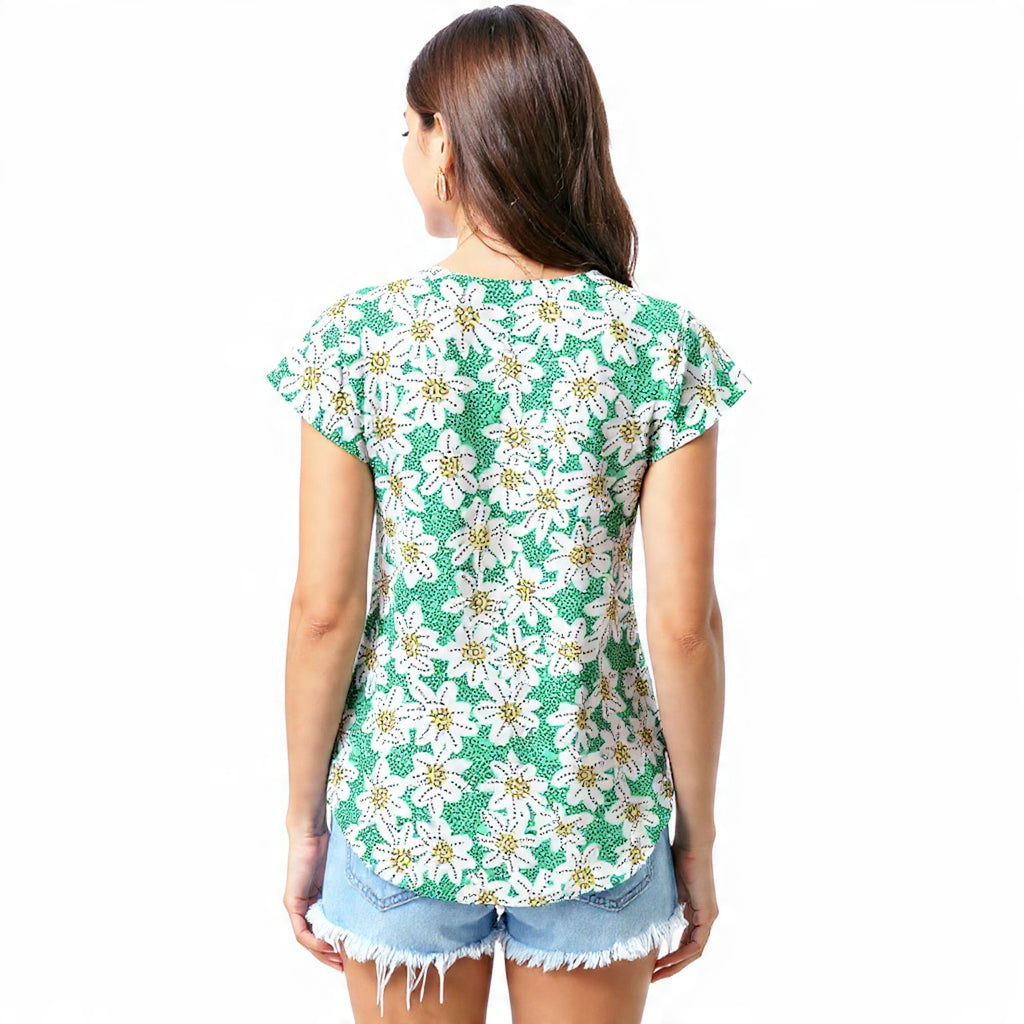 Green floral dotted pattern T - shirt