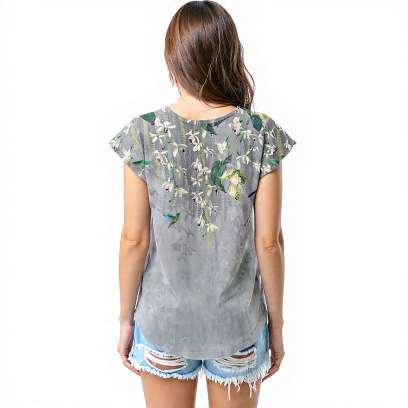Grey floral hummingbird elegance T - shirt