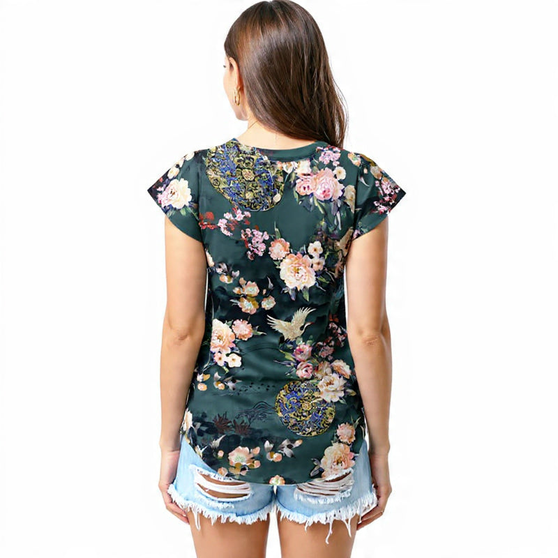 Dark oriental floral crane T - shirt