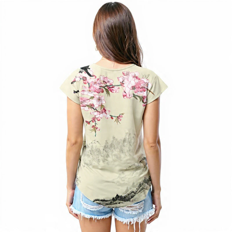 Beige with cherry-blossom art T - shirt